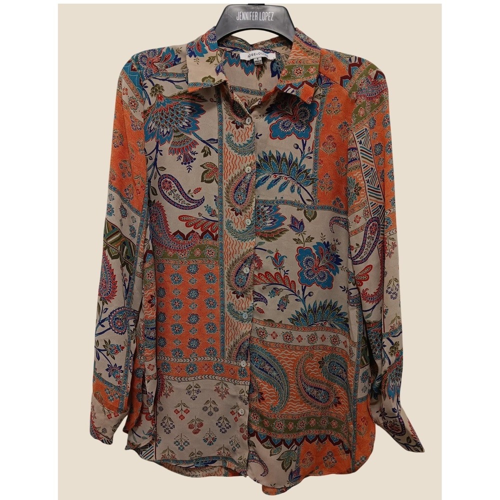 Rose + Olive Womens Small Paisley Patchwork Button Down Blouse Orange Blue Tan